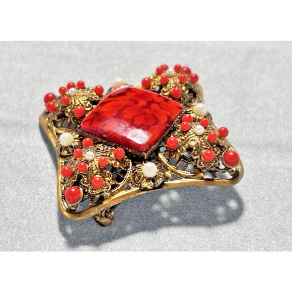 Vintage 1930s Austrian/Czech (Bohemian) W. Germany Filigree Brooch 2.5" - Picture 1 of 16
